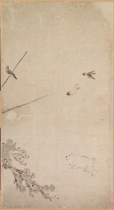 Köpek Yavruları, Serçeler ve Krizantemler by Nagasawa Rosetsu
