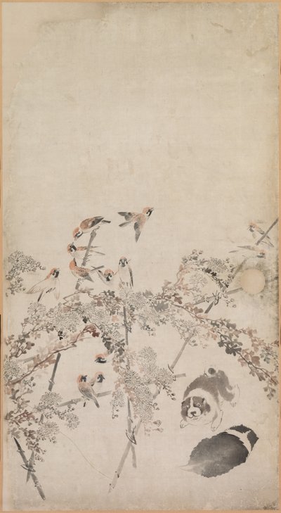 Köpek Yavruları, Serçeler ve Krizantemler, 1754-1799. by Nagasawa Rosetsu