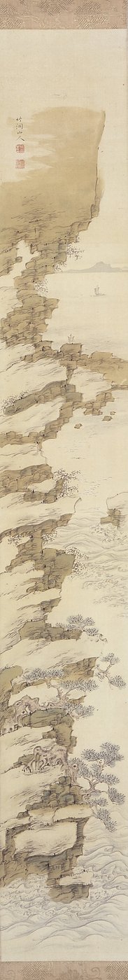 Kayıklı Kayalık Manzarası (ipek üzerine mürekkep ve renkli) by Nakabayashi Chikkei