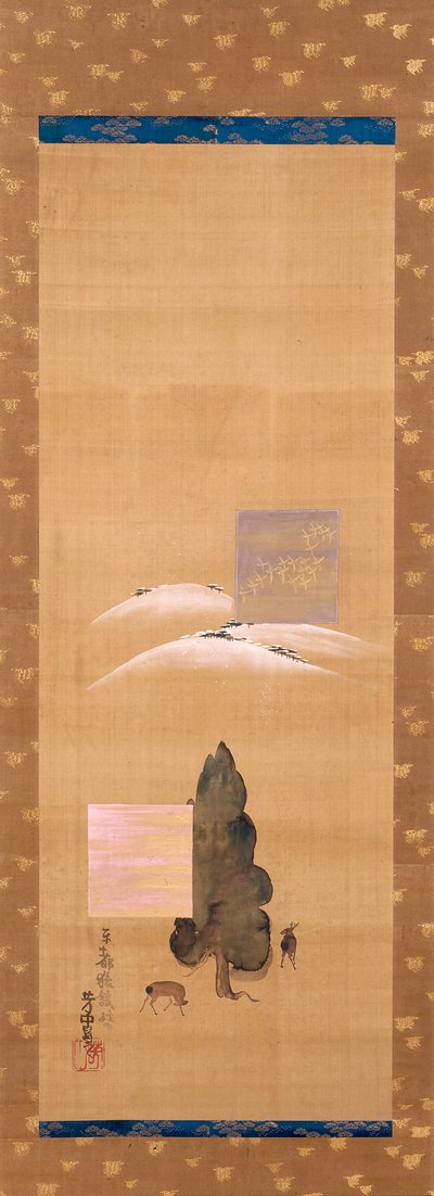 Yamato'nun Sekiz Manzarası: Mikasa Dağı'nda Kar ve Kasuga Tarlasında Geyik (mürekkep, ipek üzerine renkli) by Nakamura Hochu