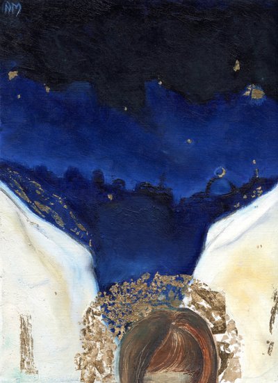 Melek kanatlarını aldığı gece, 2014, (karttaki yağ ve altın varak) by Nancy Moniz Charalambous