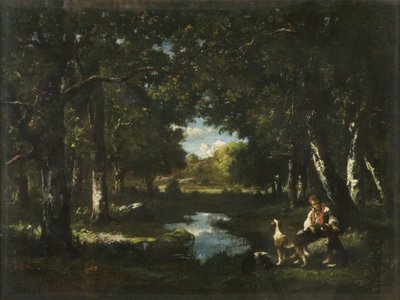 Orman Kayranında Dinlenen Adam ve Köpek (tuval üzerine yağlı boya) by Narcisse Virgile Diaz de la Peña