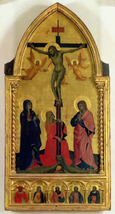 Yas tutanlar ile Çarmıha Gerilme ve St. Mary Magdalene, SS'yi tasvir eden predella paneli. Jerome, Paul, James, Peter ve bilinmeyen bir aziz (panelde mizaç) by Nardo di Cione Orcagna