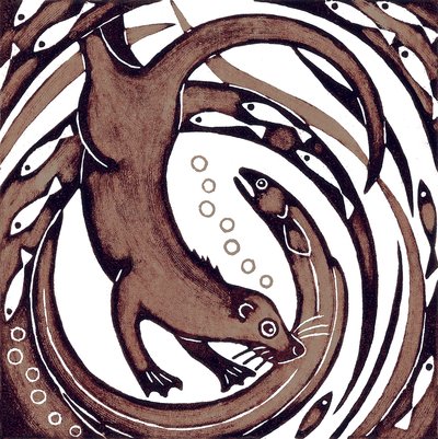 Yılanbalığı ile Otter, 2010 (renkli gravür) by Nat Morley