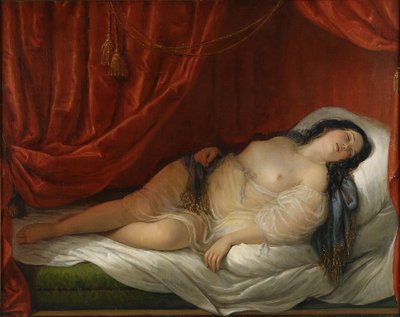 Kırmızı iç mekanda bir odalık, 19. yüzyılın başları. by Natale Schiavoni