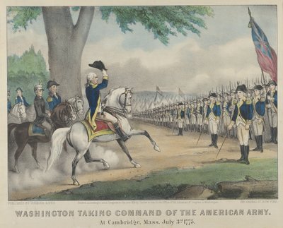 Washington Amerikan Ordusunun Komutasını Ele Geçiriyor - Cambridge, Massachusetts, 3 Temmuz 17..., 1876. Yaratıcılar: Nathaniel Currier, James Merritt Ives, Currier ve Ives. by Currier and Ives