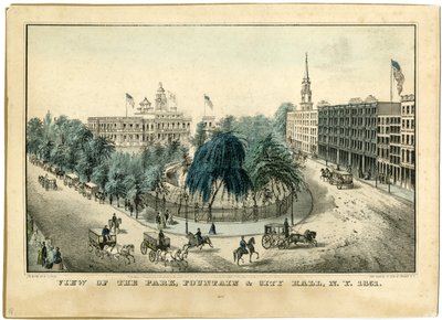 Parkın Görünümü, Çeşme ve Belediye Binası, N.Y. 1851, 1851 by Nathaniel Currier