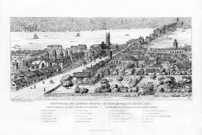 Southwark ve London Bridge, 1546, c1860 civarında göründükleri gibi. by Nathaniel Whittock