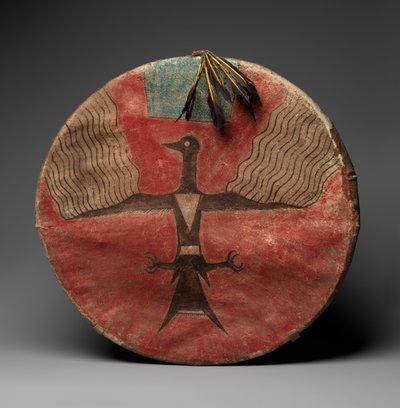 Shield, c.1885 (tabaklanmış deri, pigment, ahşap ve tüyler) by Native American