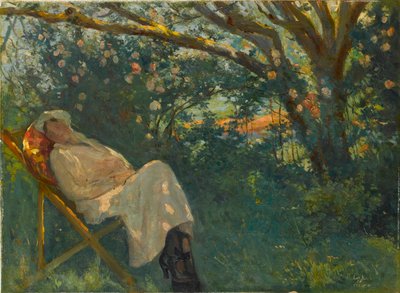"Pembe Bir Şezlong Üzerinde" Tablo Nazmi Ziya Gueran (1881-1937) - 1904 - Tuval üzerine yağlı boya Dim 54x73 cm Sakıp Sabancı Müzesi, İstanbul by Nazmi Ziya Gueran