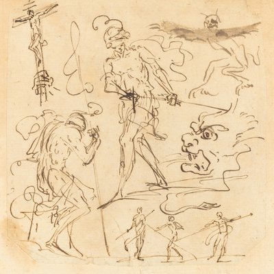Bir Askerin Kılıç, Haç, Canavar Hayvanlar ve Diğer Figürleri Çizdiği Çalışmalar Sayfası by Neapolitan 17th Century