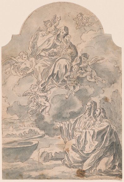 Bakire ve Çocuk İki Kadın Manastıra Görünüyor by Neapolitan 17th Century