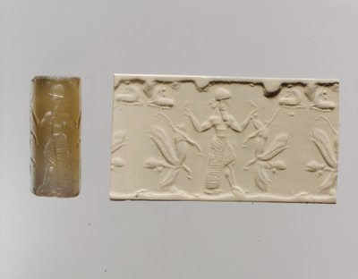 Silindir mühür ve modern izlenim: insan başlı kanatlı aslanlara hakim erkek figürü, c. MÖ 8.-7. yy (kalsedon) by Neo Assyrian Neo Assyrian
