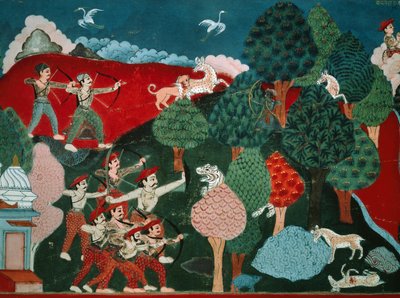 Günlerini sebepsiz yere zavallı ceylanları öldüren bir kral, daha sonra, başka bir hayatta ceylandır ve avcı tarafından öldürülür, Swayambhu Purana'dan detay, Nepal'deki önemli Budist kutsal metin, guaj, Nepal Uygarlığı by Nepalese School