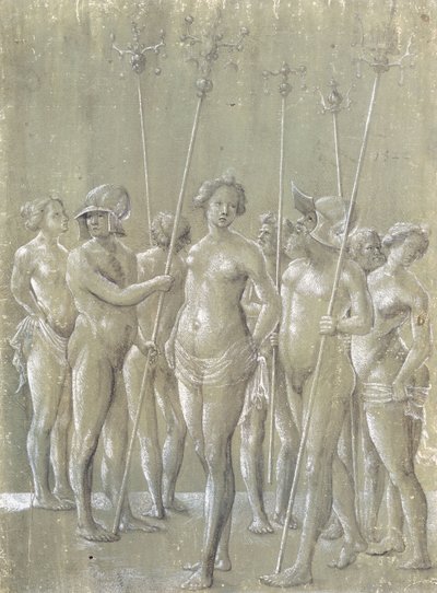 Direkleri Elinde Tutan Beş Çıplak Asker, İki Kask Takan ve Üç Çıplak Kadın, 1522 by Netherlandish School