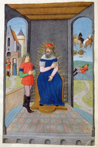 Ms 324 f.25 v. Phaeton babasından bir savaş arabası ödünç alır ve öldürülür, Metamorphoses 2 by Ovid, 1479 by Netherlandish School