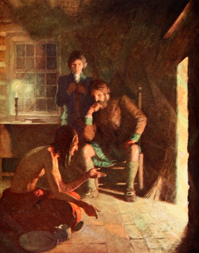 Erken bir yerleşimci evinde Hint Uzun Düşünce toplantısı (renkli taş) by Newell Convers (after) Wyeth