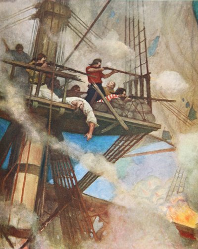 Ateş tepelerinde bir İngiliz gemisine karşı mücadele (renkli lito) by Newell Convers (after) Wyeth