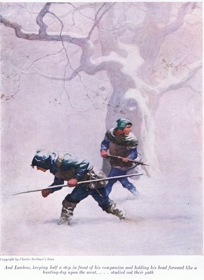 Ve Lawless, arkadaşının önünde yarım adım durarak ve başını bir av köpeği gibi öne doğru tutarak kokuyu aldı - yolunu inceledi, 1916 by Newell Convers Wyeth