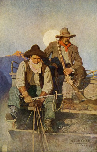Batı bölgelerini geçen bir orduyla birlikte çalışkan sürücü ve muhafız. N.C. Wyeth