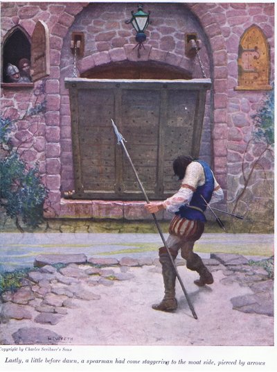 Son olarak, şafaktan biraz önce, oklarla delinmiş bir mızrakçı sendeleyerek hendek tarafına geldi, 1916 by Newell Convers Wyeth