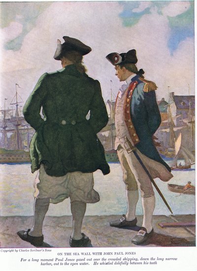 John Paul Jones ile deniz duvarında: John Paul, uzun bir süre liman boyunca açık suya giden gemiye baktı, 1928 by Newell Convers Wyeth