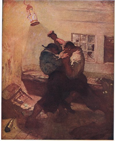Mağaradaki kavga: Bana Eller ve arkadaşının ölümcül bir güreşte birbirine kenetlendiğini gösterdi. by Newell Convers Wyeth