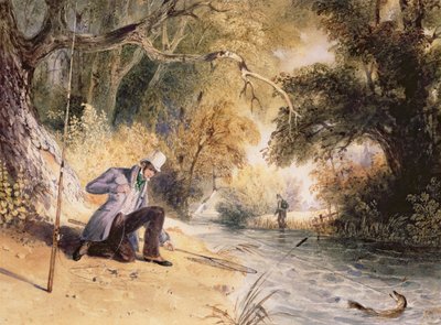 Pike Fishing, Jack Landing, 1839 dolayları (kağıt üzerine suluboya) by Newton Fielding