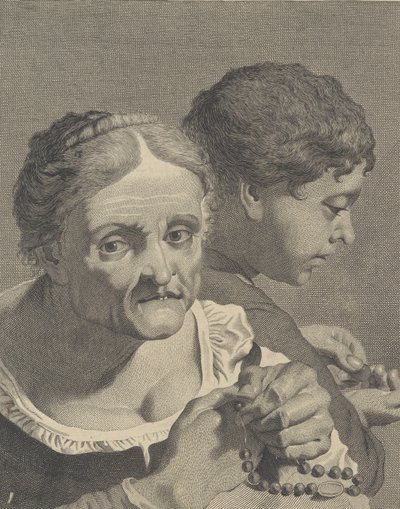 Tesbihli yaşlı bir kadın ve bozuk para sayan bir çocuk, 10 fr..., yakl. 1750-90. by Niccolò Cavalli