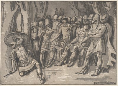 Ajax sol altta bir kalkan tutuyor, sağda Agamemnon duruyor..., 1540-50. by Niccolo Vicentino