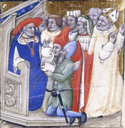 İki meslekten olmayan kişi tarafından suçlanan bir Piskopos hakkında hüküm veren bir Kardinal, c.1380 (parşömen üzerine boya ve altın varak) by Niccolo di Giacomo