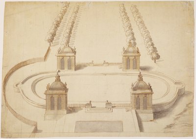 Bowling Green için tasarım, Hampton Court, c.1689-91 (kağıt üzerinde kalem ve kahverengi mürekkep, yıkama ve grafit) by Nicholas Hawksmoor