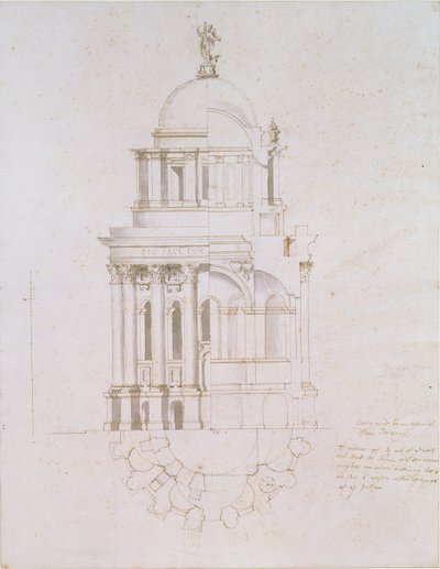 St. Paul Katedrali için gerçekleştirilmemiş bir vaftizhanenin yüksekliği, kesiti ve planı, c.1711-12 (kağıt üzerinde kalem ve mürekkeple yıkama) by Nicholas Hawksmoor
