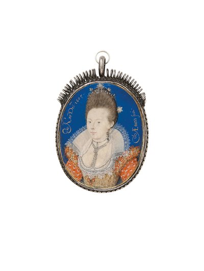 Yüksek ayakta fırfırlı altın elbiseli bir bayan, 1605 by Nicholas Hilliard