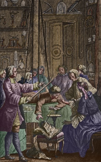 Abbe Jean Antoine Nollet (1700-70) tarafından bir fizikçi kabininde bir adam üzerinde yapılan elektrik deneyi, Nollet tarafından Essai sur lelectricite des corps