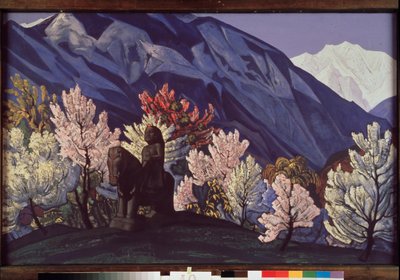 Guga Chohan. Kulu Vadisi (Hindistan). (Himalayaların çiçekli ağaçları arasında atlı heykeli). Nicolas (Nicholas) Roerich