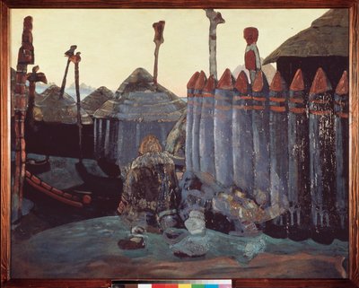 Bir pagan höyüğü. (Orta Çağ, Ukrayna). Nicolas (Nicholas) Roerich (1874-1947), karton üzerine tempera çalışması by Nicholas Roerich