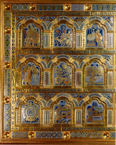 Nicolas de Verdun tarafından altın ve emayeden yapılmış Verdun Sunağı (yaklaşık 1130/50-1205): Eski ve Yeni Ahit'ten sahneler (Kızıl Deniz'i geçme, Kral Melchisedech (Melchisedec veya Melchizedek veya Melkisedeq veya Melki-Tsedeq veya Melki Tsedeq) by Nicholas of Verdun