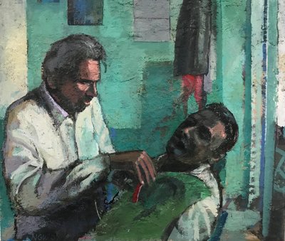 Berber Dükkanı, 2017-23 (tahta üzerine yağlıboya) by Nick Williams