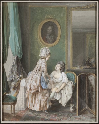 Çoraplarını giyen kadın - Çorabını çeken kadın, yazan Lafrensen, Niclas (Nicolas Lavreince) (1737-1807). Kağıt üzerinde guaş by Niclas II Lafrensen