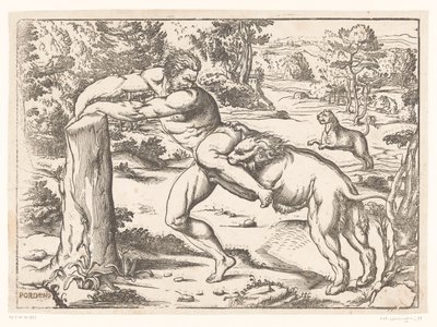 Milo of Croton bir aslan tarafından saldırıya uğradı by Nicolò Boldrini (attributed to)
