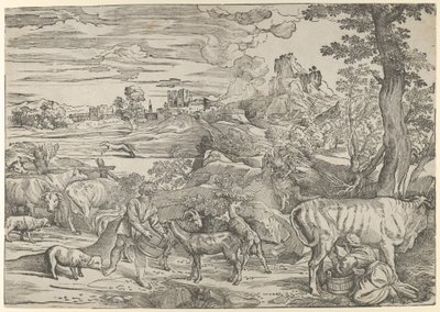 Sağda bir sütçü kız ve solda bir oğlan çocuğu olan manzara, yaklaşık. 1535-40., yakl. 1535-40. by Nicolò Boldrini