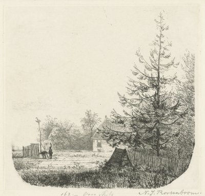 Bir leylek yuvası ile ağaçlarla dolu manzara by Nicolaas Johannes Roosenboom