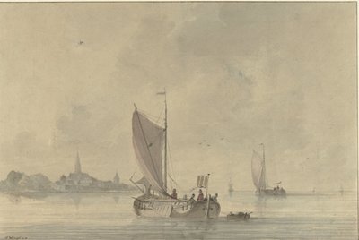 Hollandalı bir kasabanın önünde su üzerinde yelkenli mavnalar by Nicolaas Wicart