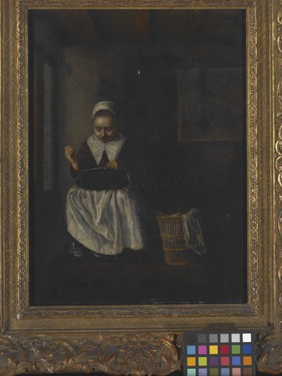 Bir Kız Dikişi (ahşap üzerine yağlıboya) by Nicolaes Maes