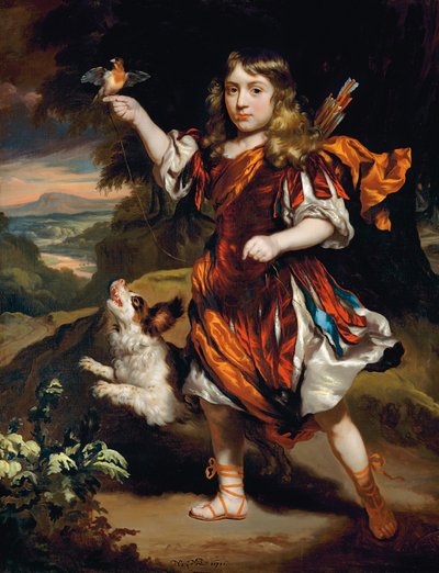 Bir çocuk portresi, Daifilo olarak, gümüş bir cüppenin üzerine kırmızı bir palto giymiş, turuncu bir pelerinli, sağ elinde duran bir kuş, yanında köpeği, bir manzarada by Nicolaes Maes