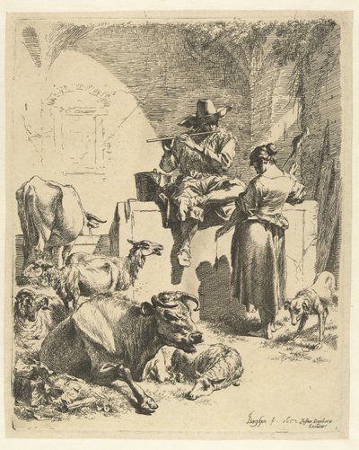 Flüt Çalan Çoban ve Spinner by Nicolaes Pietersz Berchem