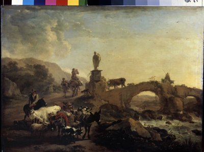 "" Paysage italien au petit pont "" (Küçük Köprülü İtalyan manzarası) Tablo Nicolaes (Claes) Pietersz Berchem l