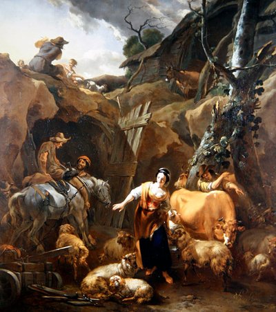 Madenin Dışındaki Kayalık Bir Peyzajda Köylüler by Nicolaes Pietersz. Berchem