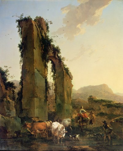 Yıkılmış Bir Su Kemerinin Yanında Sığırlı Köylüler, c.1655-60 (tuval üzerine yağlı boya) by Nicolaes Pietersz. Berchem